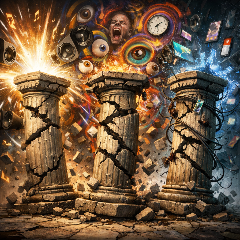Three cracked ancient pillars with exploding speakers, floating eyes, clocks, tech devices, and wires.