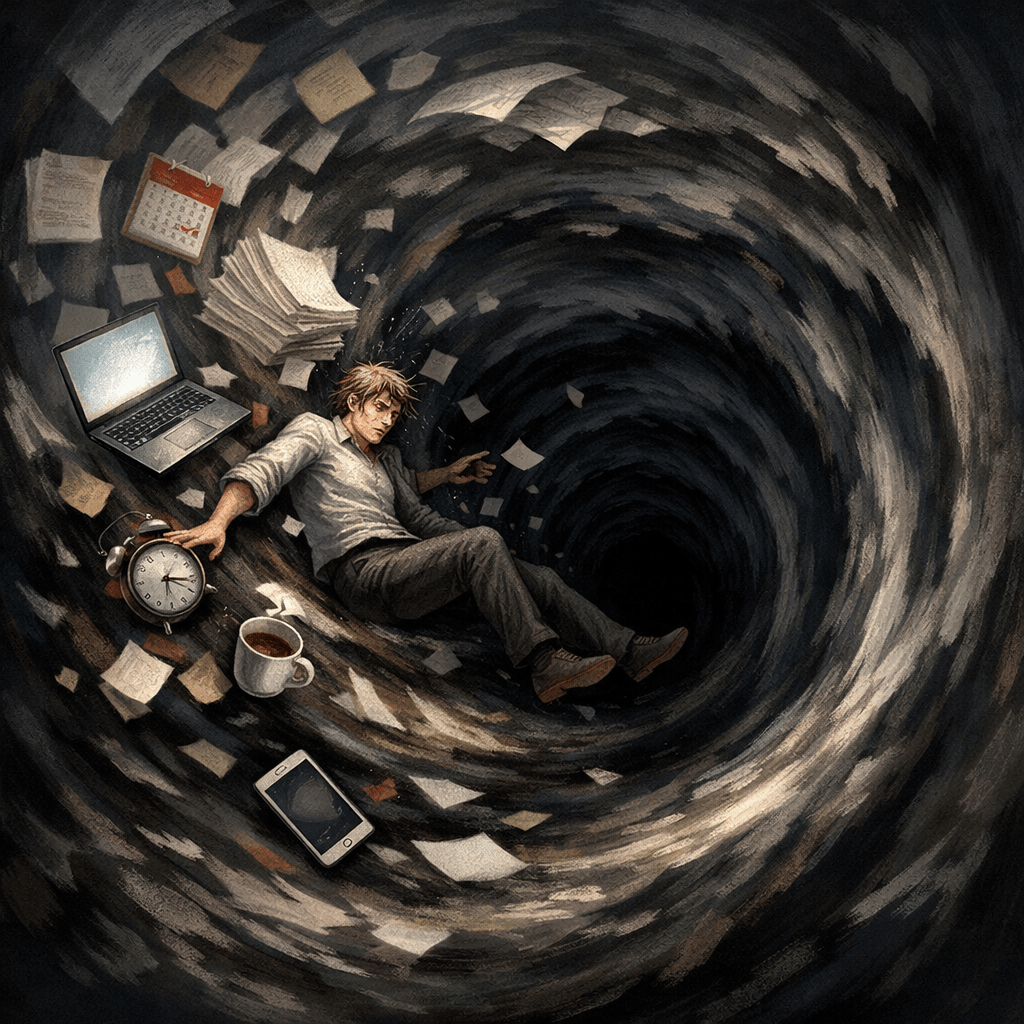 Person falling into a swirling vortex with papers, clock, laptop, calendar, coffee cup, and phone