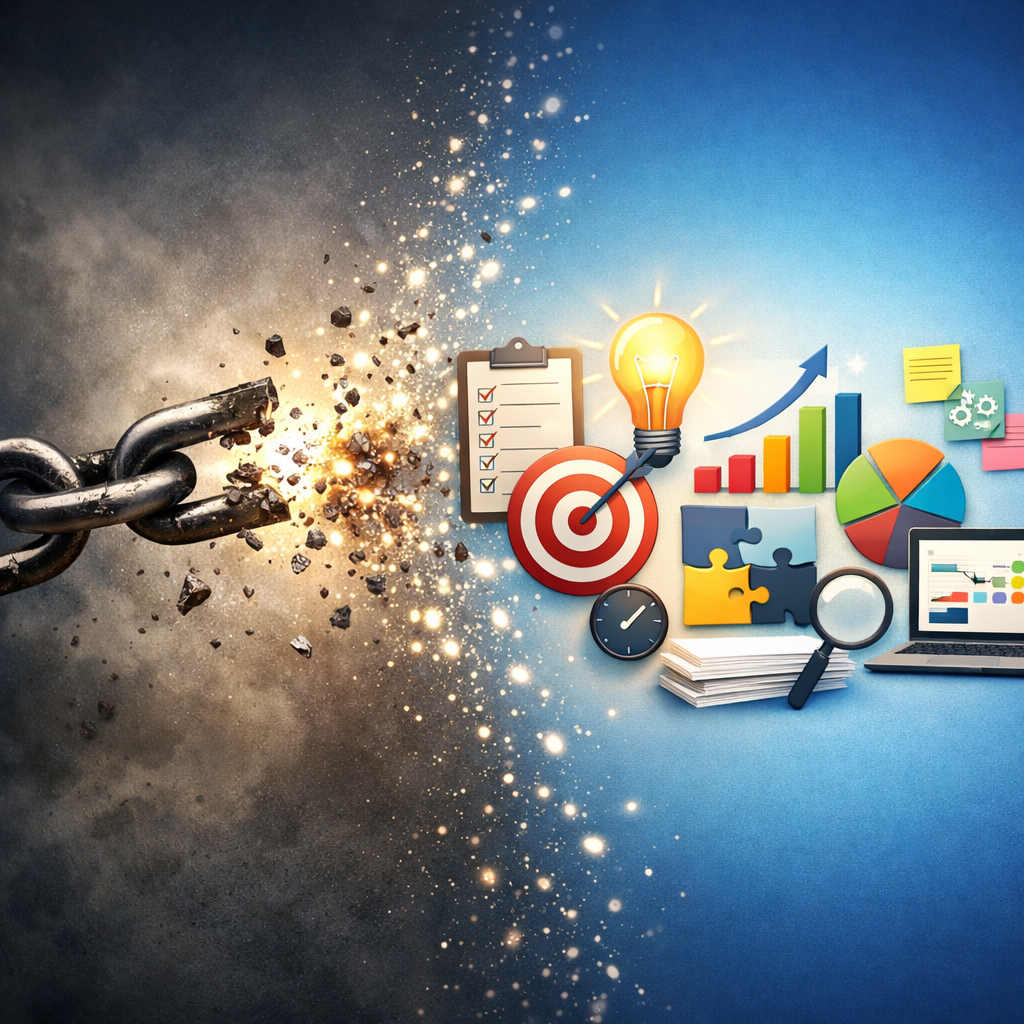 Breaking chain releasing light and business icons including target, light bulb, charts, puzzle pieces, and laptop