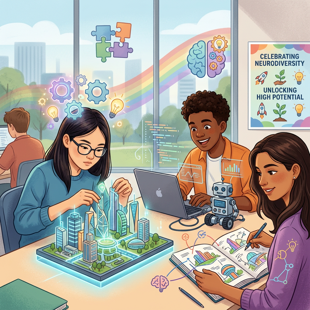 Students collaborating on a futuristic city model, laptop coding, and studying in a classroom