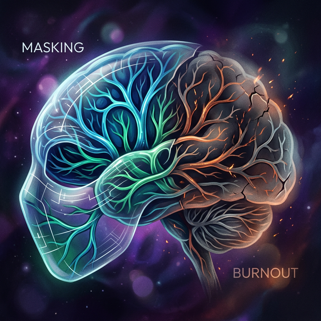 Illustration of a brain split into two halves with one side vibrant and masked, the other side dark and cracked representing burnout