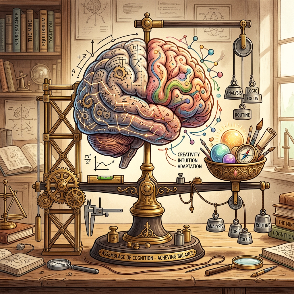 Brain illustration balancing analytical and creative functions on scales