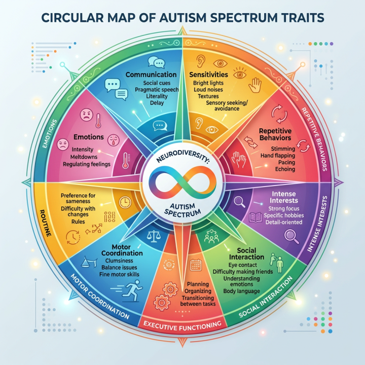 Circular map showing traits of autism spectrum including communication, sensitivities, repetitive behaviors, intense interests, social interaction, executive functioning, motor coordination, routine, and emotions