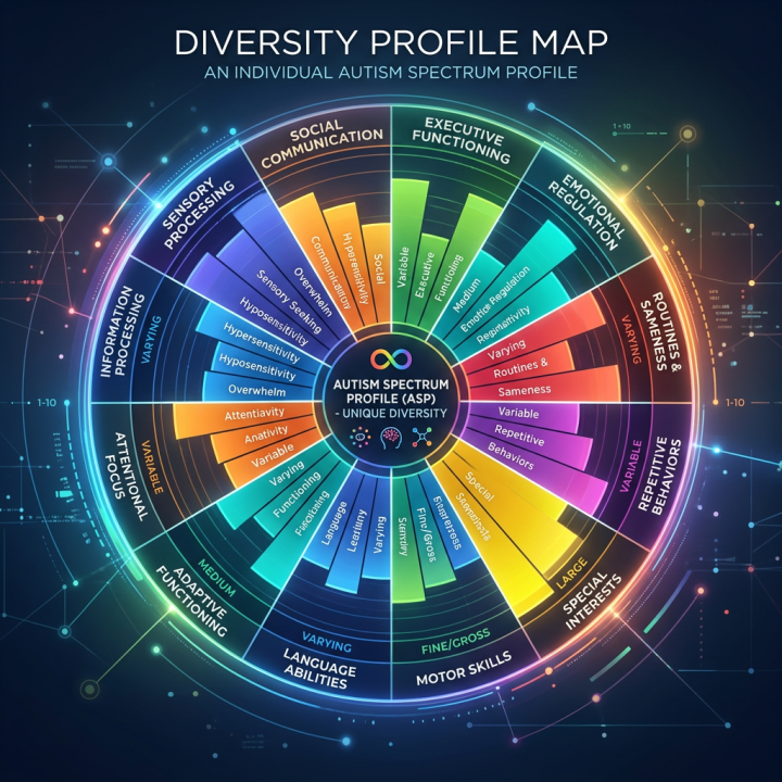 Circular diversity profile map showing traits across autism spectrum including sensory processing, social communication, executive functioning, emotional regulation, routines, repetitive behaviors, special interests, motor skills, language, adaptive functioning, attentional focus, and information processing.
