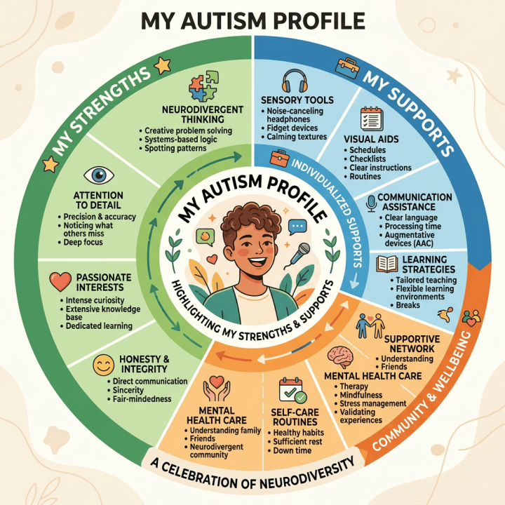 Infographic showing strengths, supports, and community wellbeing for autism profile