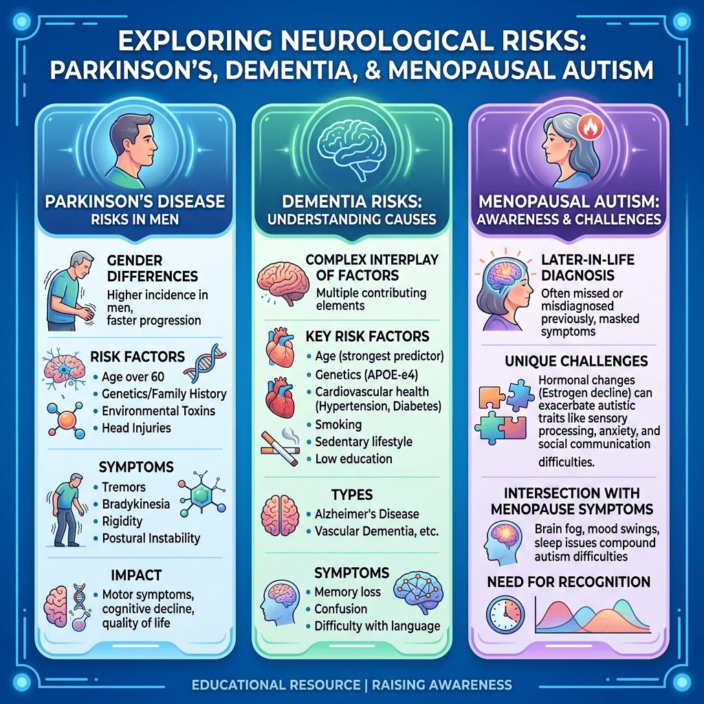 Infographic detailing Parkinson's risks in men, dementia causes and symptoms, and menopausal autism challenges.