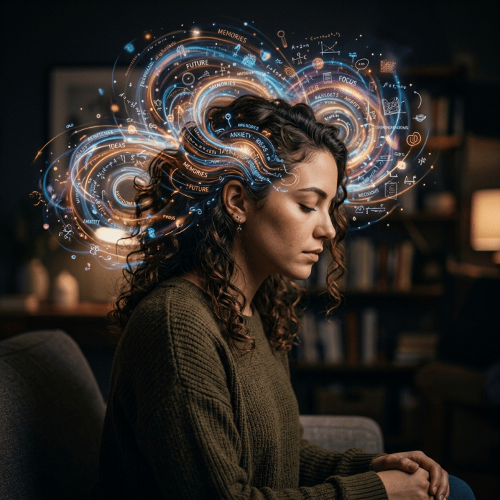Woman sitting with eyes closed surrounded by swirling glowing symbols and words representing thoughts