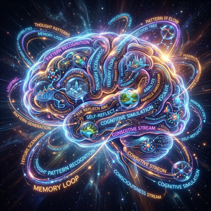 Stylized brain with labeled cognitive processes and simulation concepts