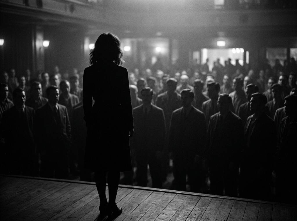 Silhouette of a woman on stage facing a crowd of seated people in a hall