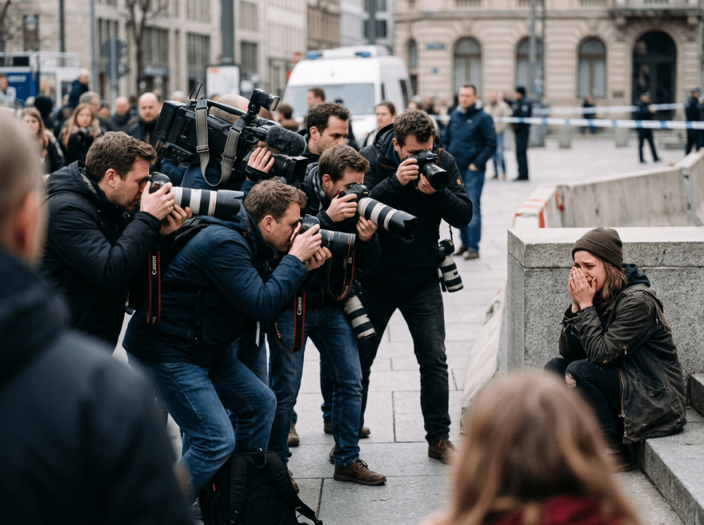 Group of photographers and a cameraman taking pictures of a crying woman sitting on the street