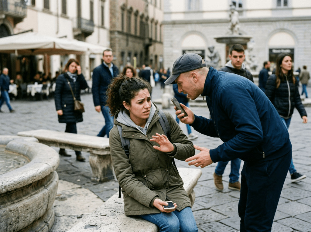 Man leaning forward showing phone to hesitant woman sitting on bench outdoors
