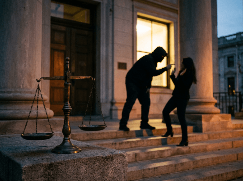 Justice scales and shadowed figure harassing silhouette