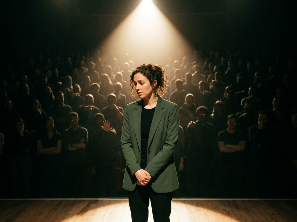 Woman in green blazer on stage with dark, silent audience under spotlight