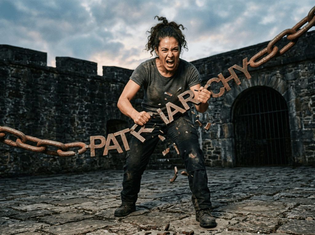 Woman breaking chains made of words patriarchy