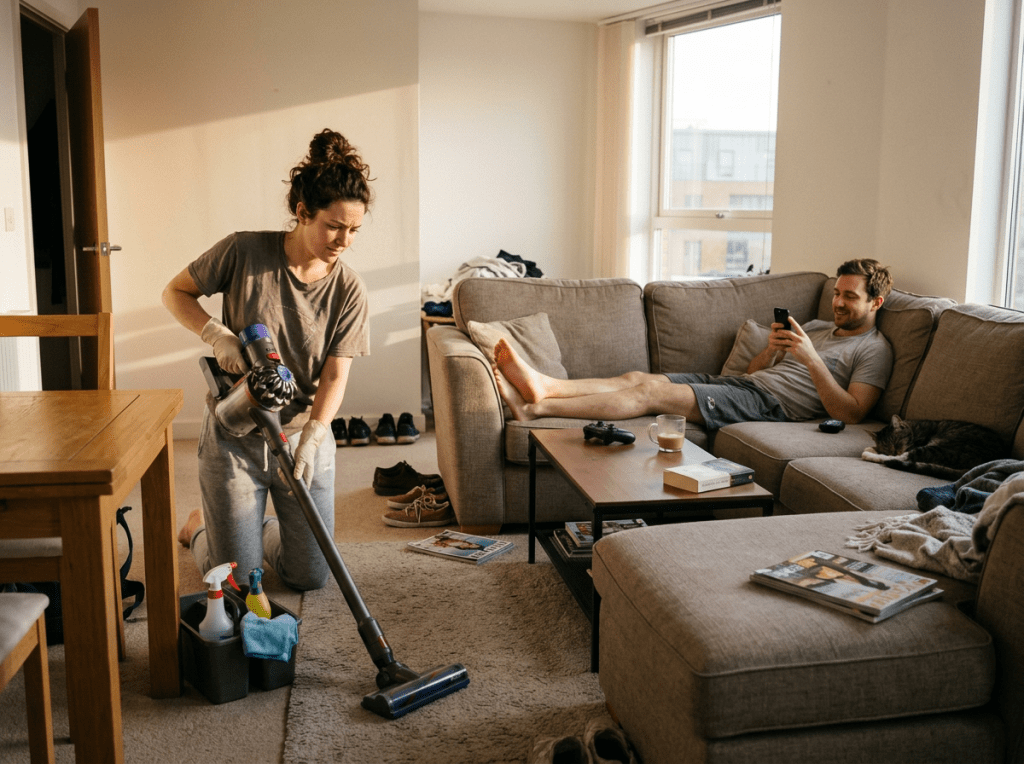 Woman cleaning while man relaxes on sofa