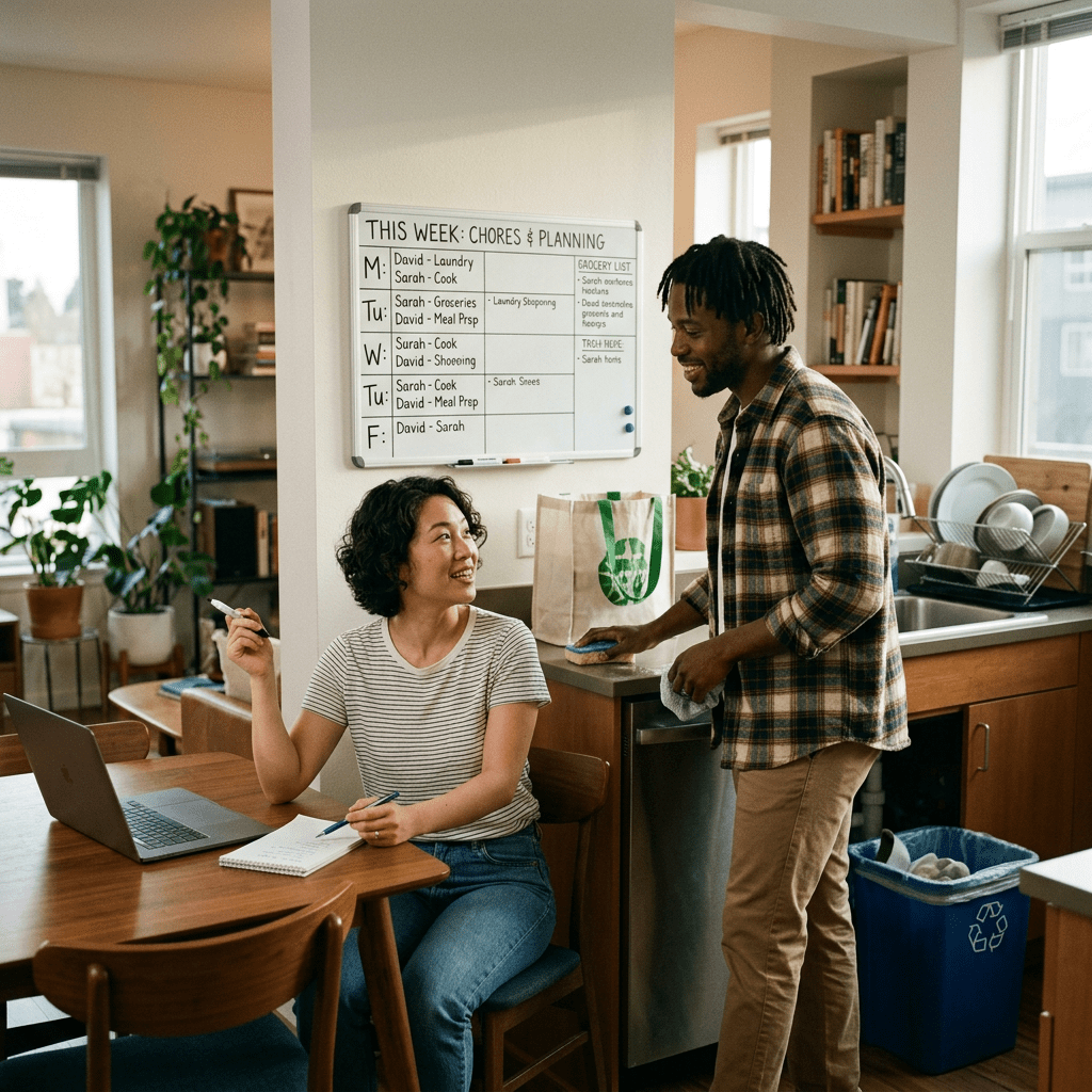 Couple equally sharing household planning and chores