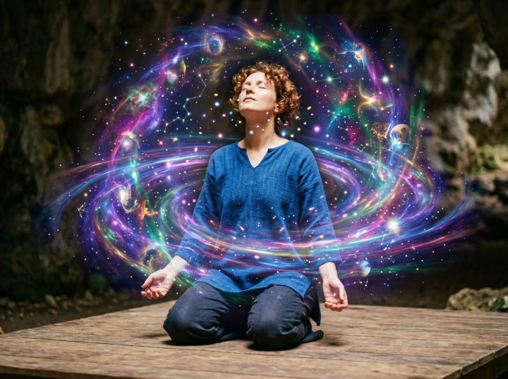 Person meditating with closed eyes encircled by glowing cosmic swirls and stars