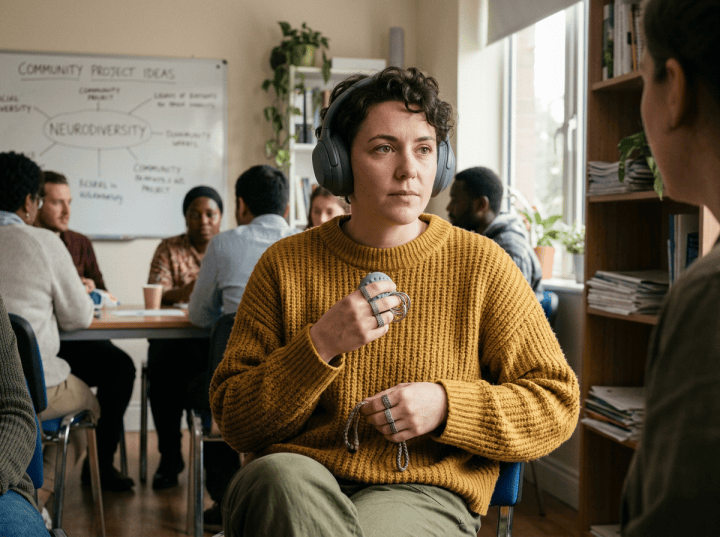 Person stimming calmly while listening attentively