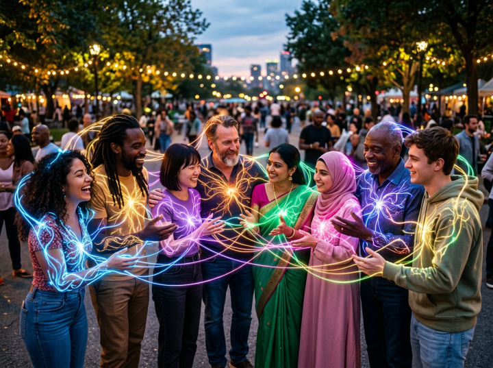Diverse group of people sharing glowing colorful energy lines representing connection