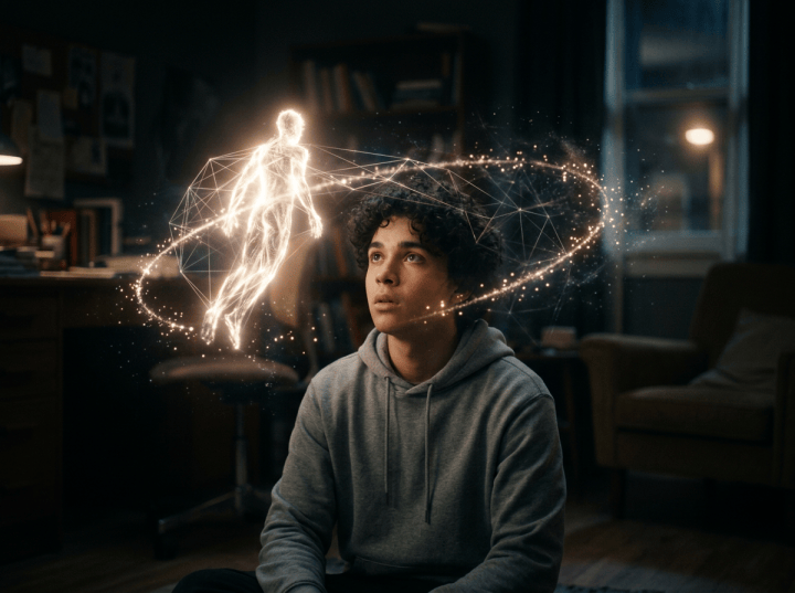 Young man looking at glowing digital human figure orbiting his head