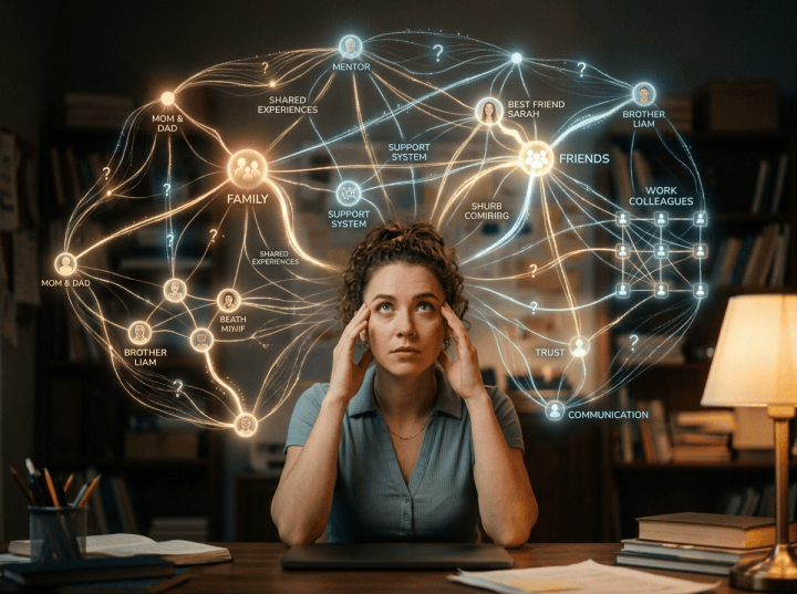 Person sitting at desk with illustrated network of family, friends, and colleagues connections